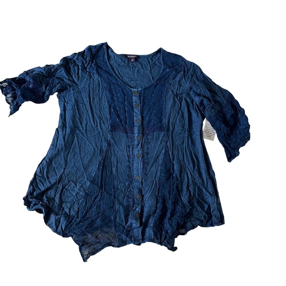 NWT Roaman's Plus Size Blue Mesh Inset Boho Artsy Blouse Wmns 18W